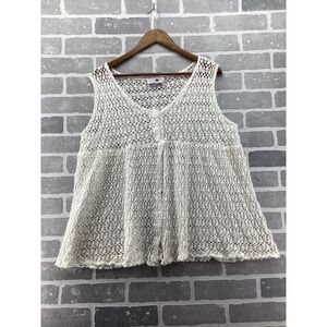 Turtle Bay Vintage White Crochet Knit Vest Cotton Babydoll Button Front‎ Large